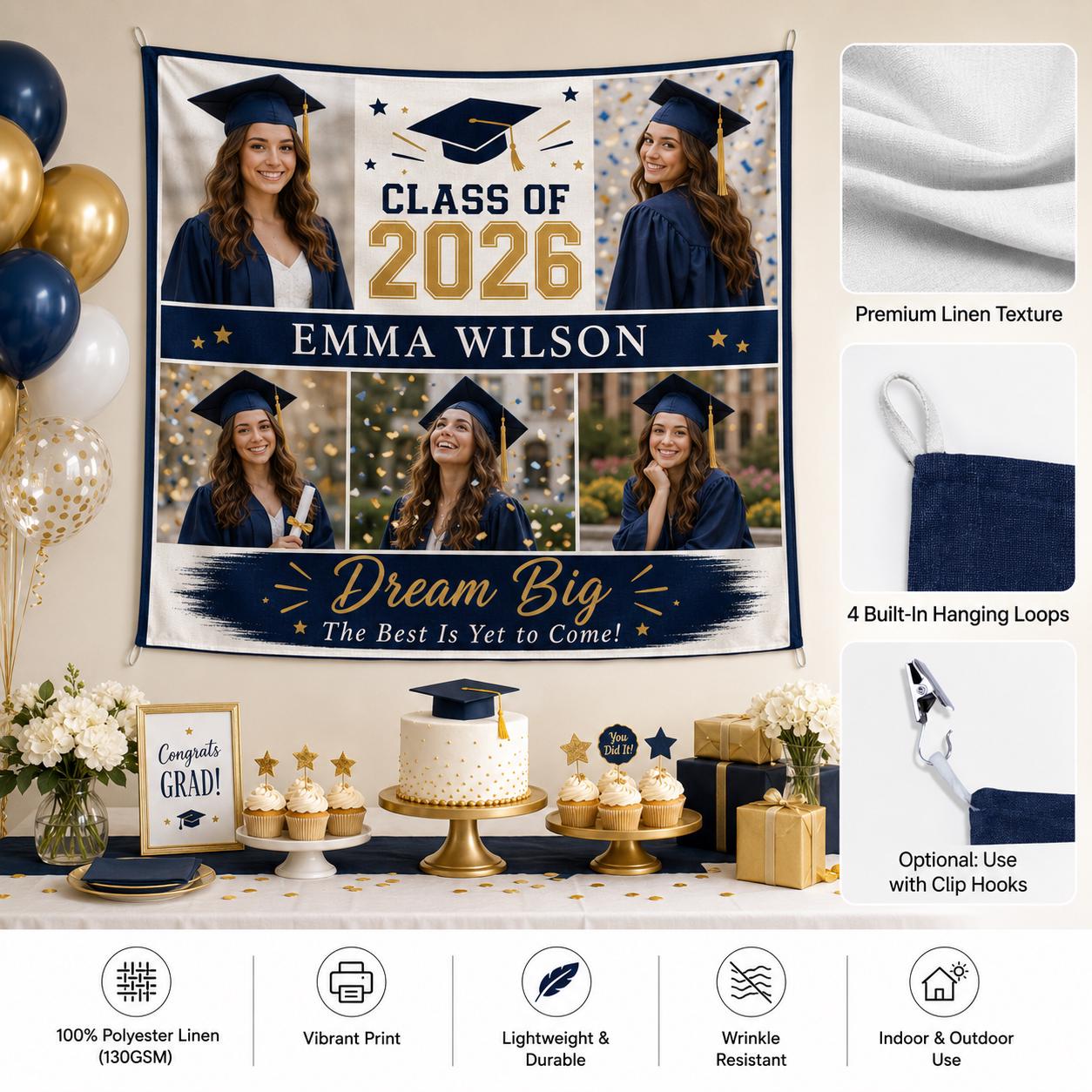Graduation Photo Collage Linen Tapestry, Personalized Class of 2026 Backdrop, Custom Senior Party Banner - product image 10