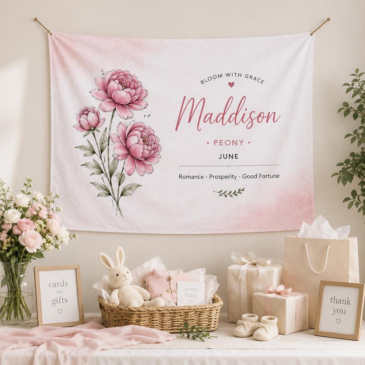 Personalized Birth Flower Linen Tapestry, Custom Name Floral Wall Hanging, Dorm Room Decor Gift - product image 5