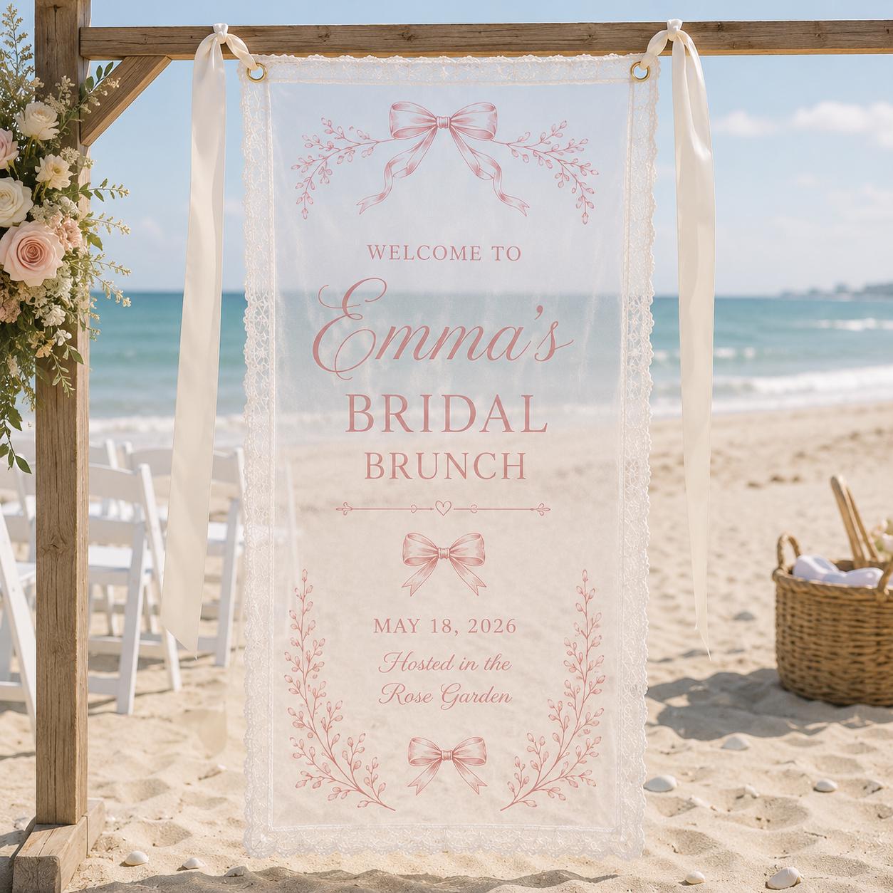 Bridal Brunch Lace Banner, Personalized Sheer Welcome Sign, Custom Bow Bridal Shower Decor - product image 6
