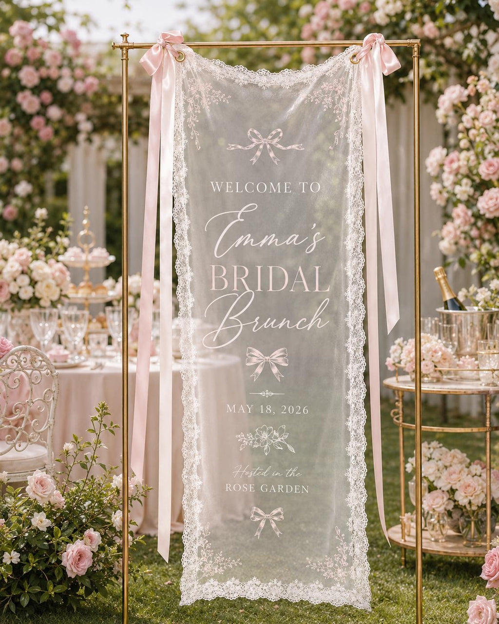Bridal Brunch Lace Banner, Personalized Sheer Welcome Sign, Custom Bow Bridal Shower Decor - product image 1