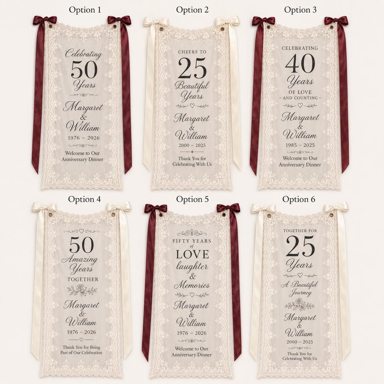 Anniversary Dinner Lace Banner, Personalized Sheer Anniversary Sign, Custom 25th 40th 50th Party Decor - product image 2