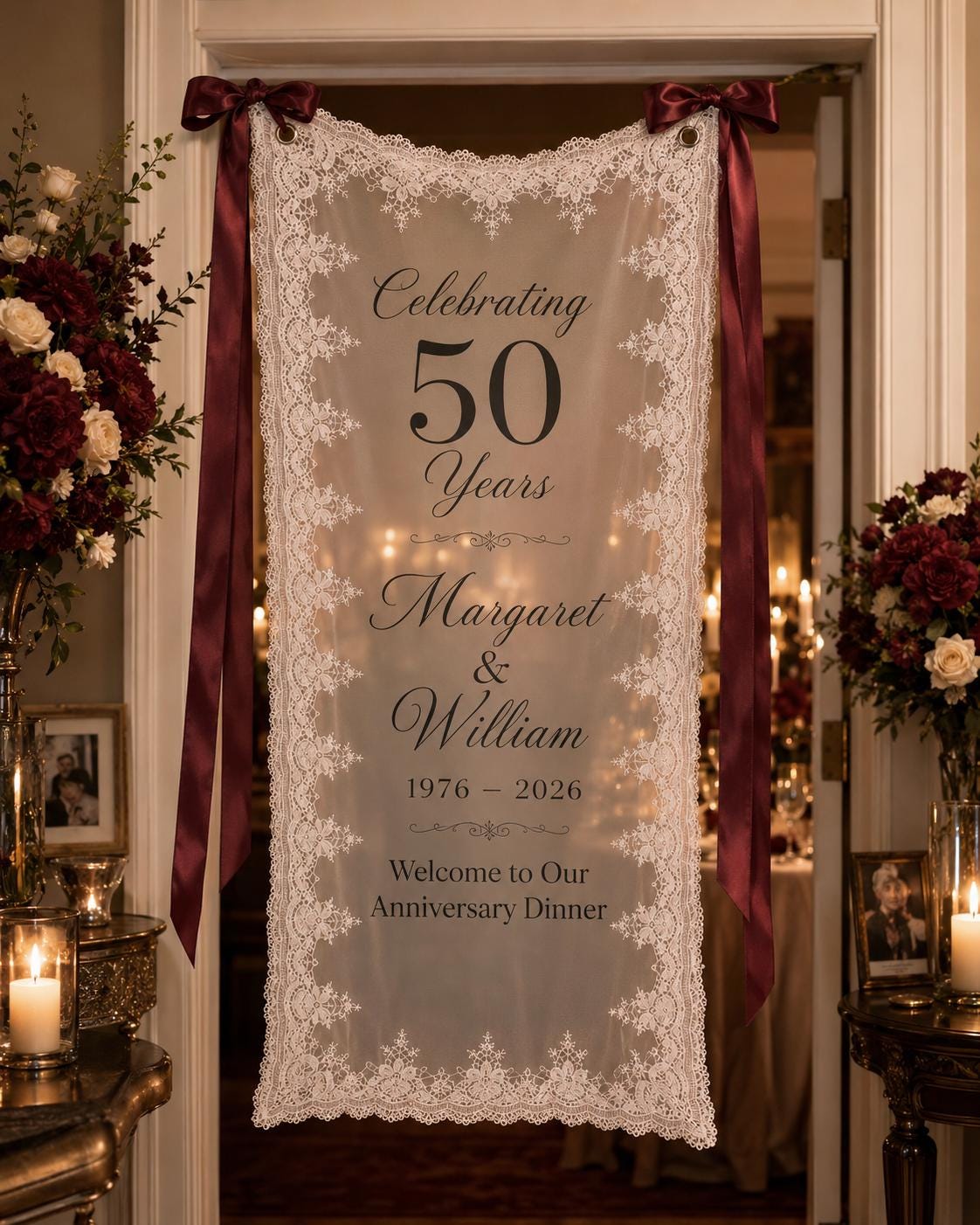 Anniversary Dinner Lace Banner, Personalized Sheer Anniversary Sign, Custom 25th 40th 50th Party Decor - product image 8