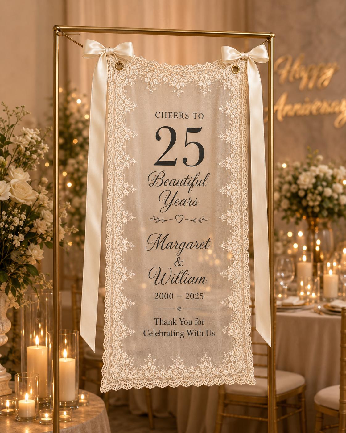 Anniversary Dinner Lace Banner, Personalized Sheer Anniversary Sign, Custom 25th 40th 50th Party Decor - product image 10