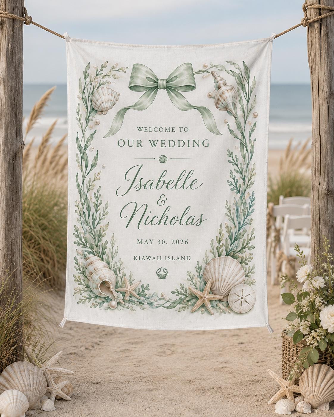Coastal Wedding Linen Tapestry, Personalized Beach Welcome Sign, Custom Seaside Wedding Backdrop - product image 8