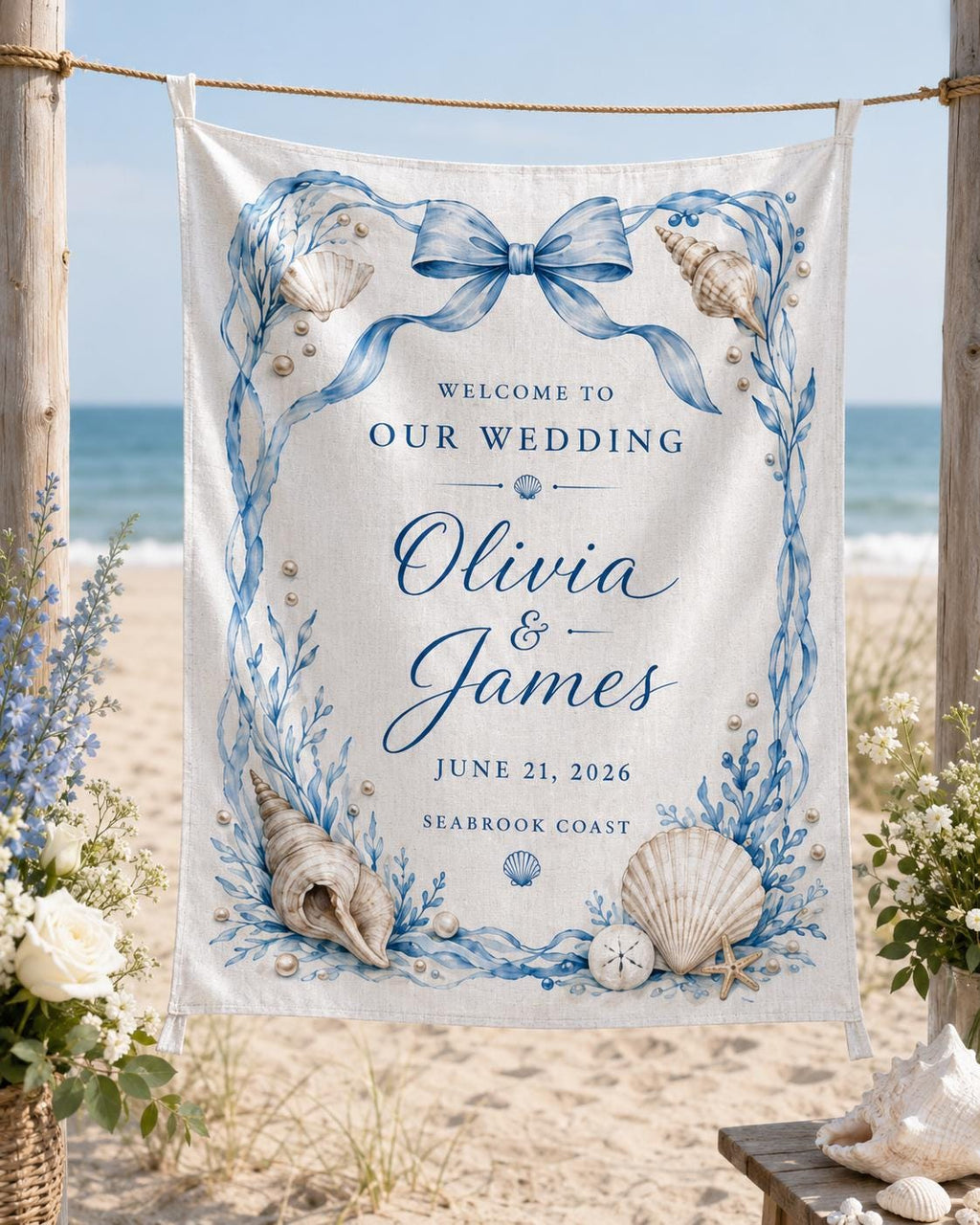 Coastal Wedding Linen Tapestry, Personalized Beach Welcome Sign, Custom Seaside Wedding Backdrop - product image 1