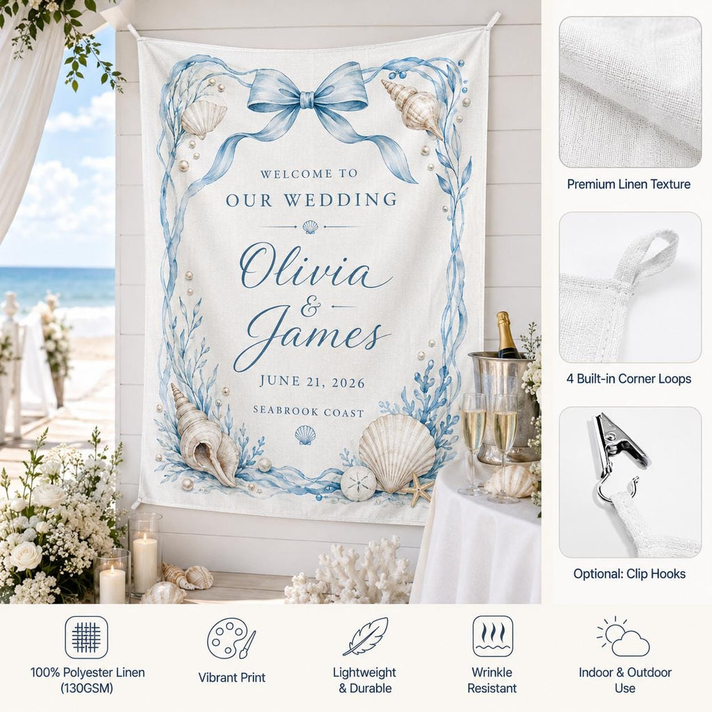 Coastal Wedding Linen Tapestry, Personalized Beach Welcome Sign, Custom Seaside Wedding Backdrop - product image 2