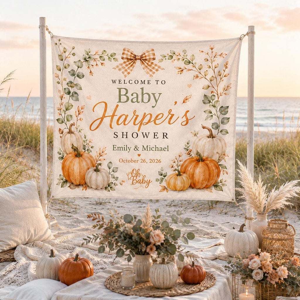 Personalized Fall Baby Shower Linen Tapestry, Pumpkin Backdrop Banner - product image 1