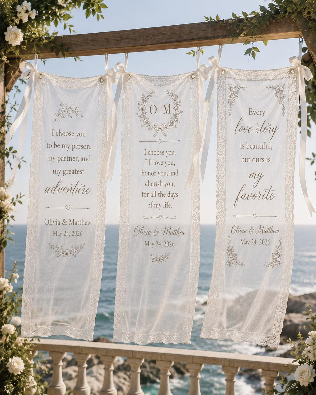 Wedding Vows Lace Banner, Personalized Sheer Ceremony Sign, Custom Romantic Vow Decor - product image 5
