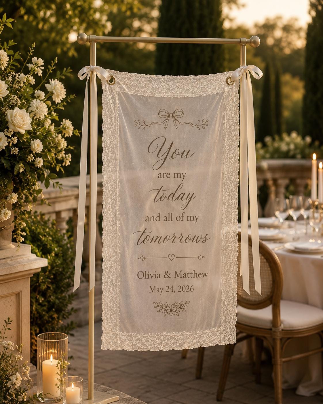 Wedding Vows Lace Banner, Personalized Sheer Ceremony Sign, Custom Romantic Vow Decor - product image 6