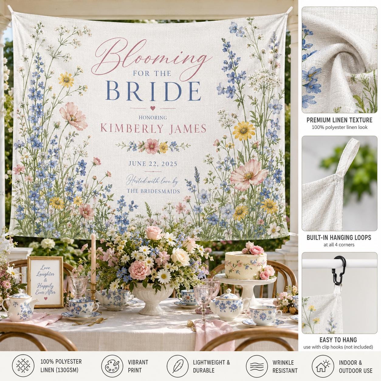Wildflower Bridal Shower Linen Tapestry, Personalized Blooming For The Bride Backdrop, Custom Garden - product image 9
