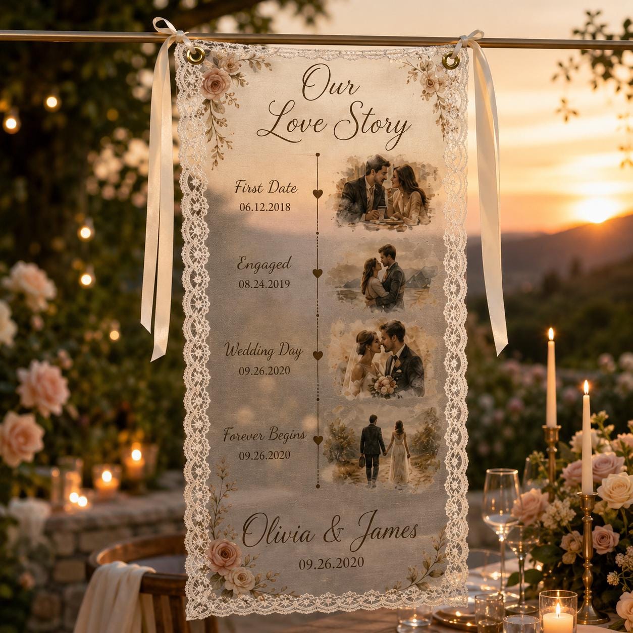 Love Story Lace Banner, Personalized Wedding Timeline Sign, Custom Photo Anniversary Banner - product image 6