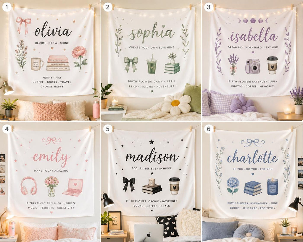 Personalized Name Linen Tapestry, Custom Birth Flower Dorm Room Decor, Teen Girl Wall Hanging - product image 2