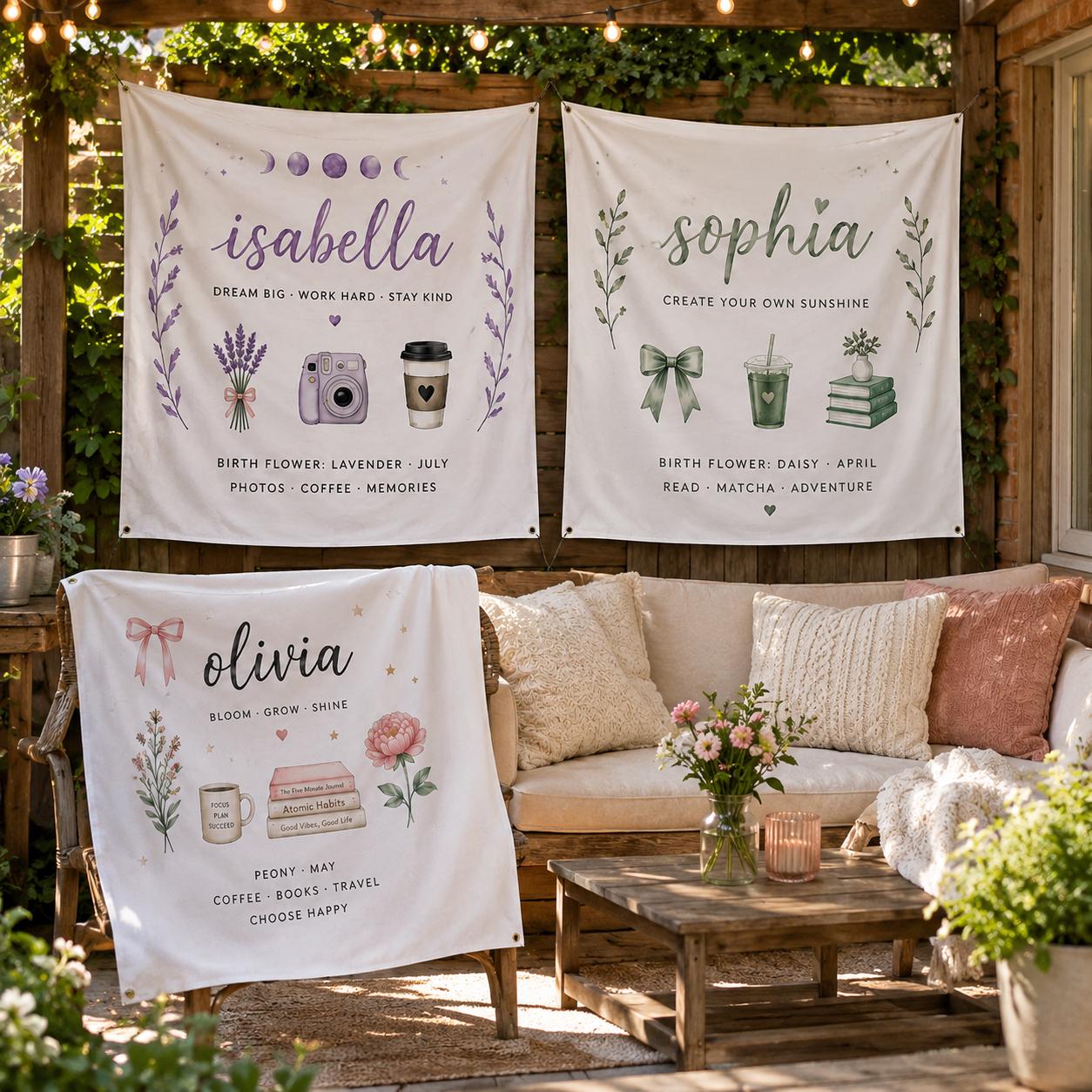 Personalized Name Linen Tapestry, Custom Birth Flower Dorm Room Decor, Teen Girl Wall Hanging - product image 7