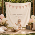 Personalized Linen Birthday Backdrop, Neutral Boho Party Decor, Custom Name Banner - product image 1