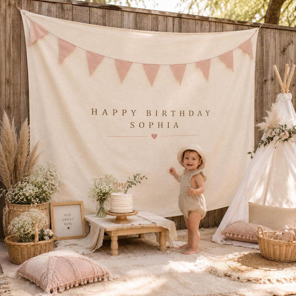Personalized Linen Birthday Backdrop, Neutral Boho Party Decor, Custom Name Banner - product image 9