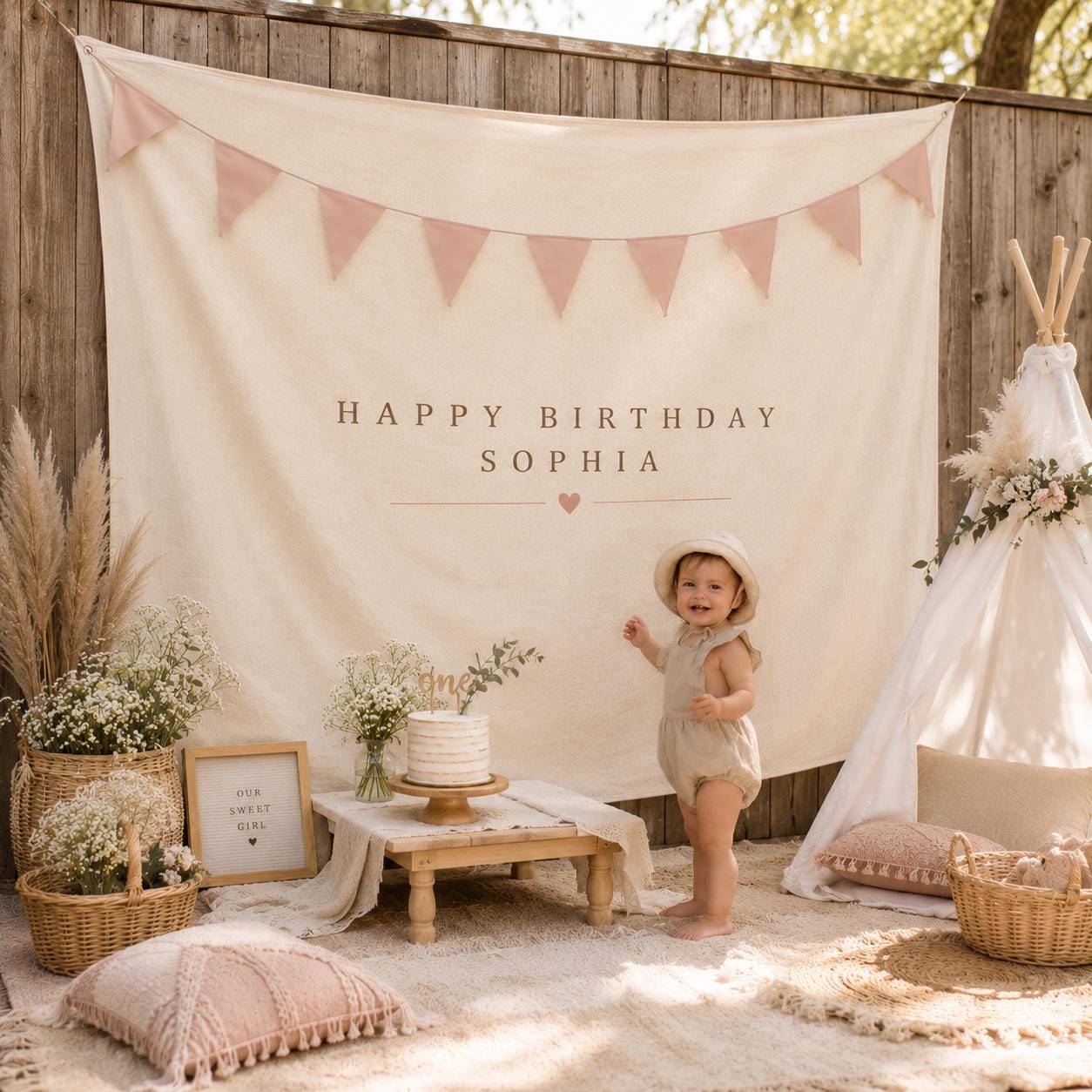 Personalized Linen Birthday Backdrop, Neutral Boho Party Decor, Custom Name Banner - product image 9