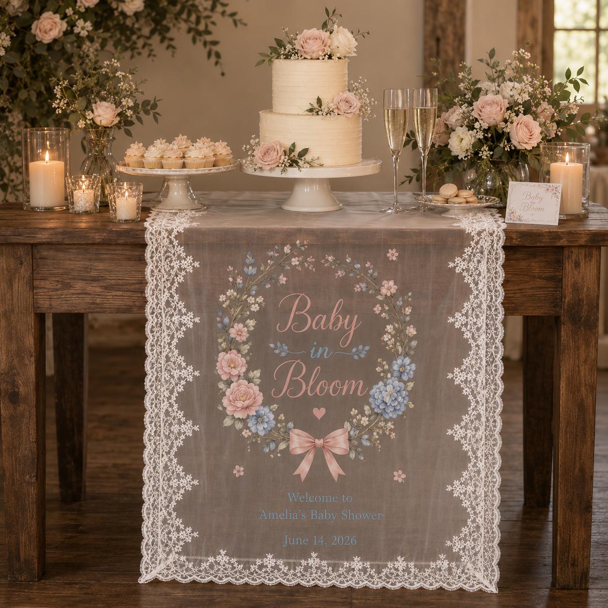 Baby in Bloom Lace Banner, Personalized Floral Baby Shower Sign, Garden Decor - product image 6