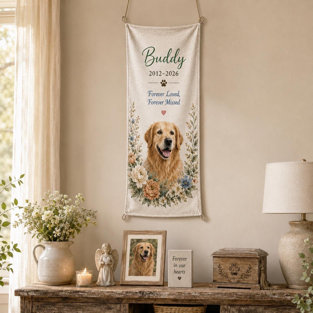 Pet Memorial Linen Tapestry, Personalized Dog Cat Memorial Garden Backdrop, Custom Rainbow Bridge Banner - product image 7