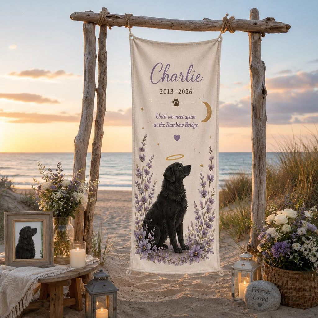Pet Memorial Linen Tapestry, Personalized Dog Cat Memorial Garden Backdrop, Custom Rainbow Bridge Banner - product image 1