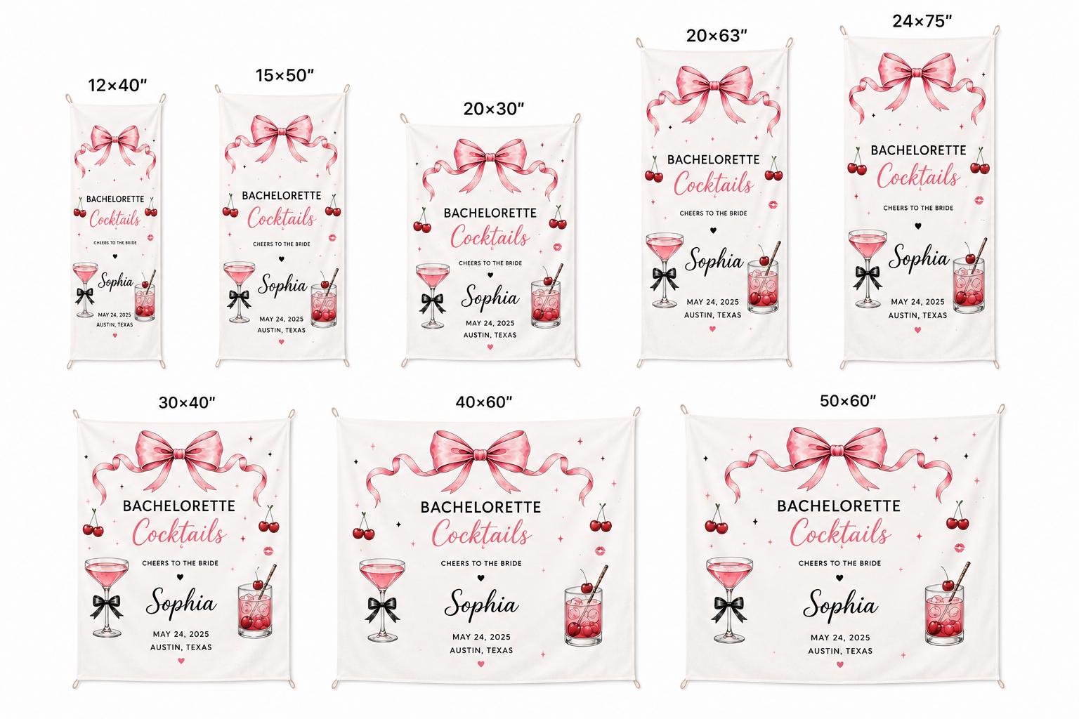 Bachelorette Cocktail Linen Tapestry, Personalized Bride Party Backdrop, Custom Coquette Bow Weekend Banner - product image 3
