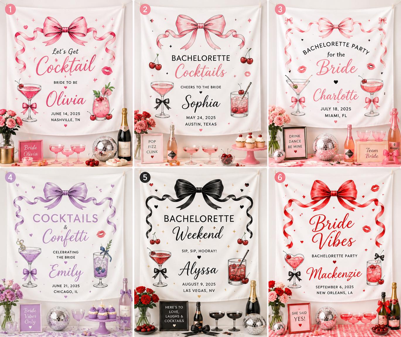 Bachelorette Cocktail Linen Tapestry, Personalized Bride Party Backdrop, Custom Coquette Bow Weekend Banner - product image 4