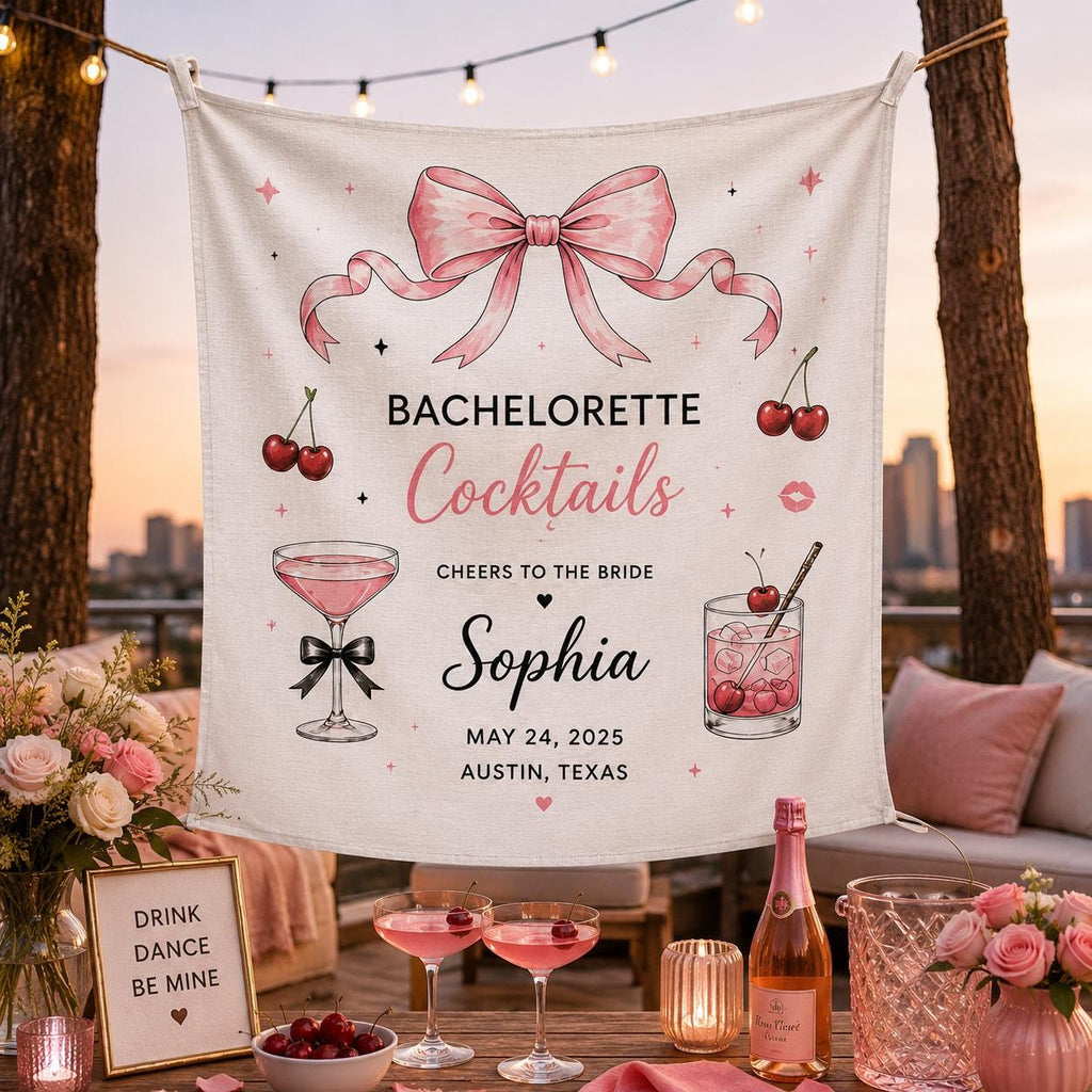Bachelorette Cocktail Linen Tapestry, Personalized Bride Party Backdrop, Custom Coquette Bow Weekend Banner - product image 6