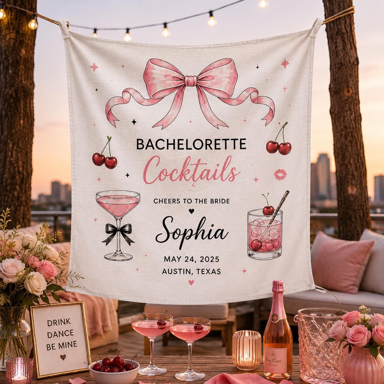 Bachelorette Cocktail Linen Tapestry, Personalized Bride Party Backdrop, Custom Coquette Bow Weekend Banner - product image 6