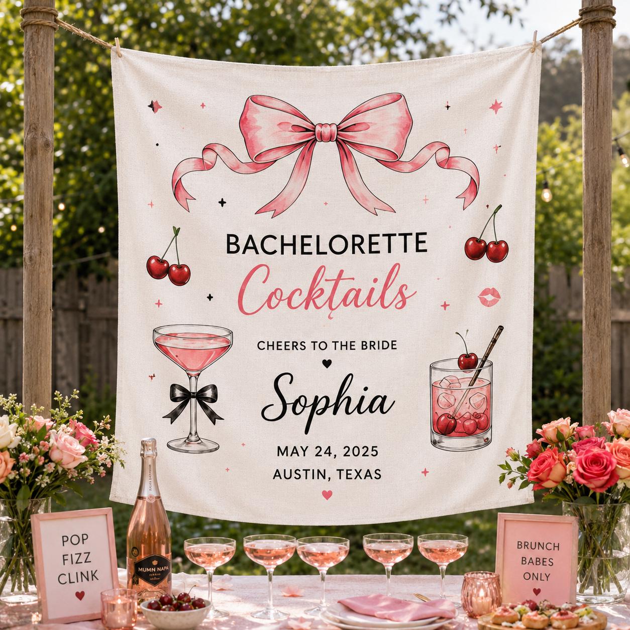 Bachelorette Cocktail Linen Tapestry, Personalized Bride Party Backdrop, Custom Coquette Bow Weekend Banner - product image 7