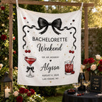 Bachelorette Cocktail Linen Tapestry, Personalized Bride Party Backdrop, Custom Coquette Bow – main product view