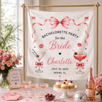Bachelorette Cocktail Linen Tapestry, Personalized Bride Party Backdrop, Custom Coquette Bow – product photo 9