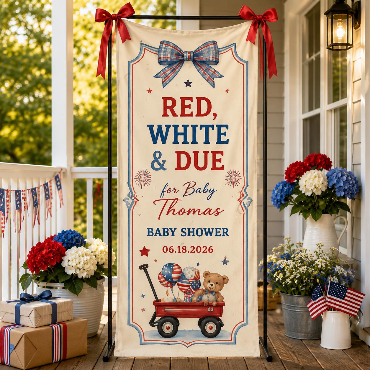Red White and Due Baby Shower Banner, Personalized Patriotic Fabric Backdrop - product image 7