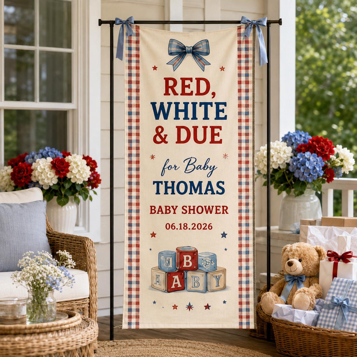 Red White and Due Baby Shower Banner, Personalized Patriotic Fabric Backdrop - product image 9