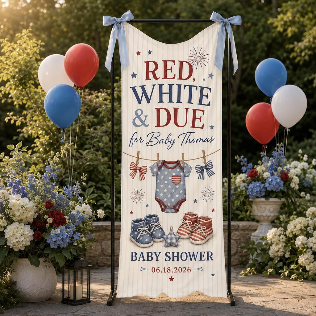Red White and Due Baby Shower Banner, Personalized Patriotic Fabric Backdrop - product image 6