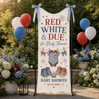 Red White and Due Baby Shower Banner, Personalized Patriotic Fabric Backdrop – product photo 6