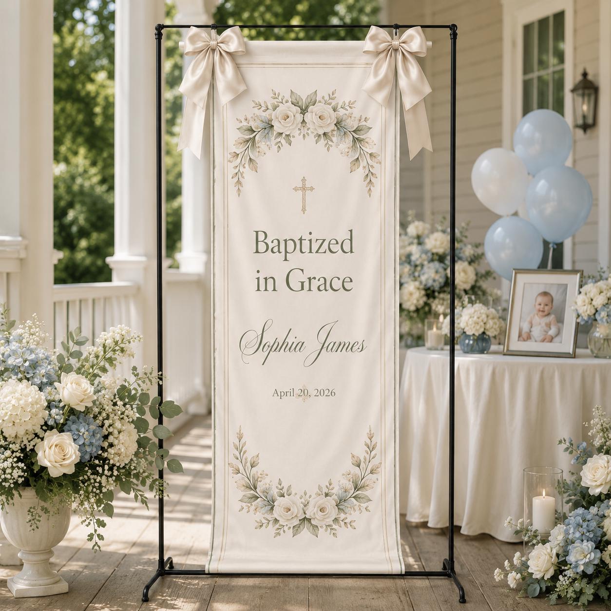 Personalized Baptism Fabric Banner, God Bless Christening Backdrop, Custom Baby Sign - product image 4