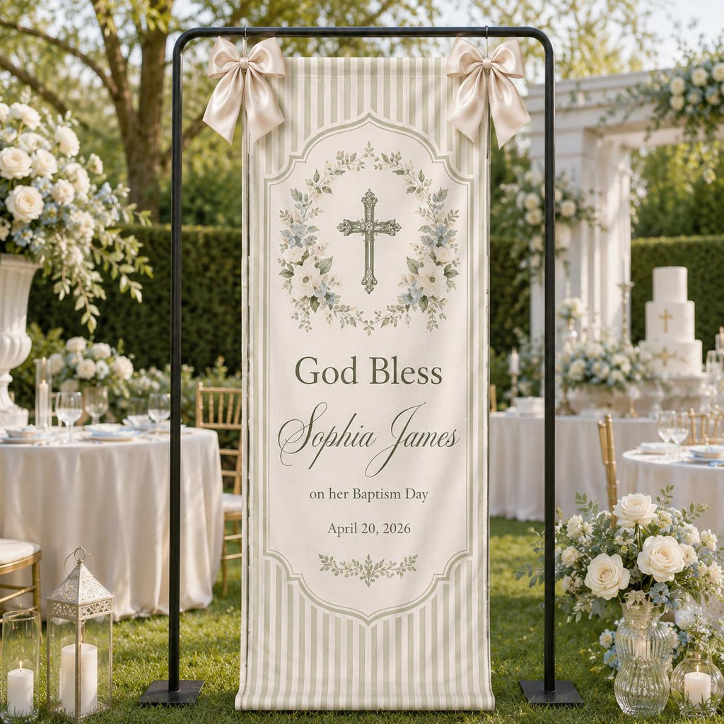 Personalized Baptism Fabric Banner, God Bless Christening Backdrop, Custom Baby Sign - product image 9