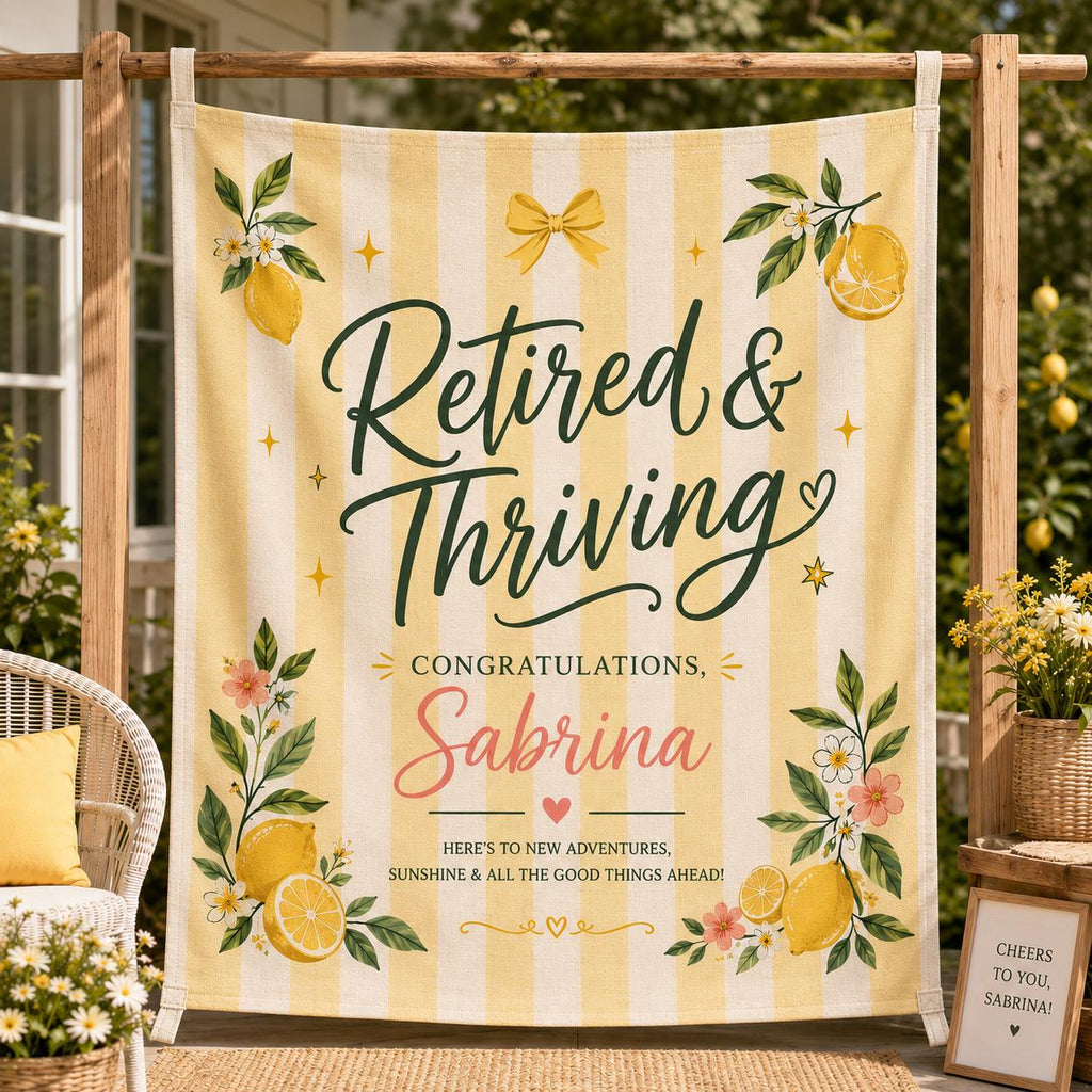 Retirement Linen Tapestry, Personalized Retired And Thriving Banner, Custom Lemon Garden Party Decor - product image 1