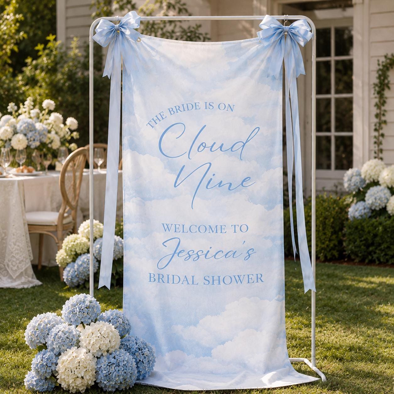 Bridal Shower Welcome Banner, Personalized Satin Fabric Sign, Cloud Nine Decor - product image 1
