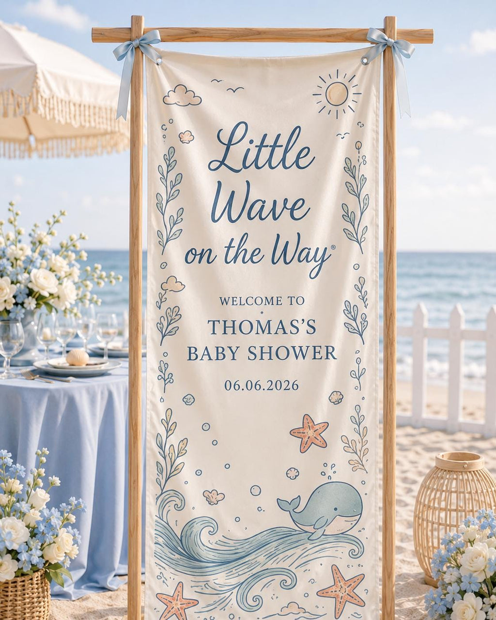 Coastal Baby Shower Fabric Banner, Ocean Theme Welcome Sign, Personalized Beach Decor - product image 4