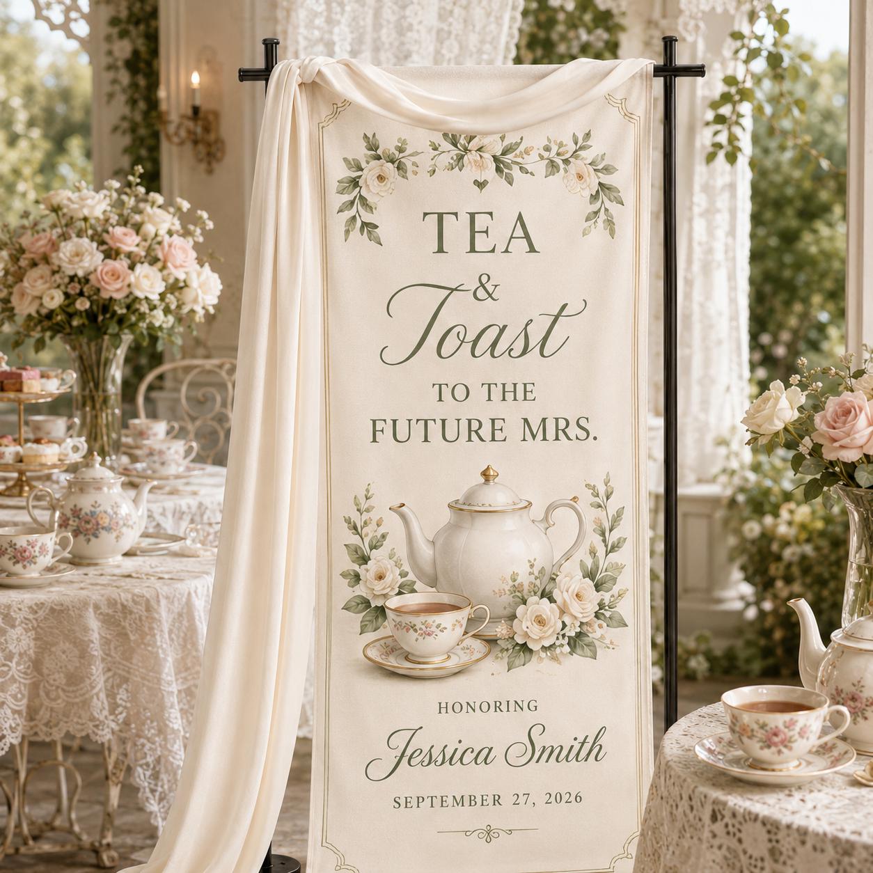 Bridal Tea Party Fabric Banner, Personalized Bridal Shower Backdrop, Custom Sign - product image 4