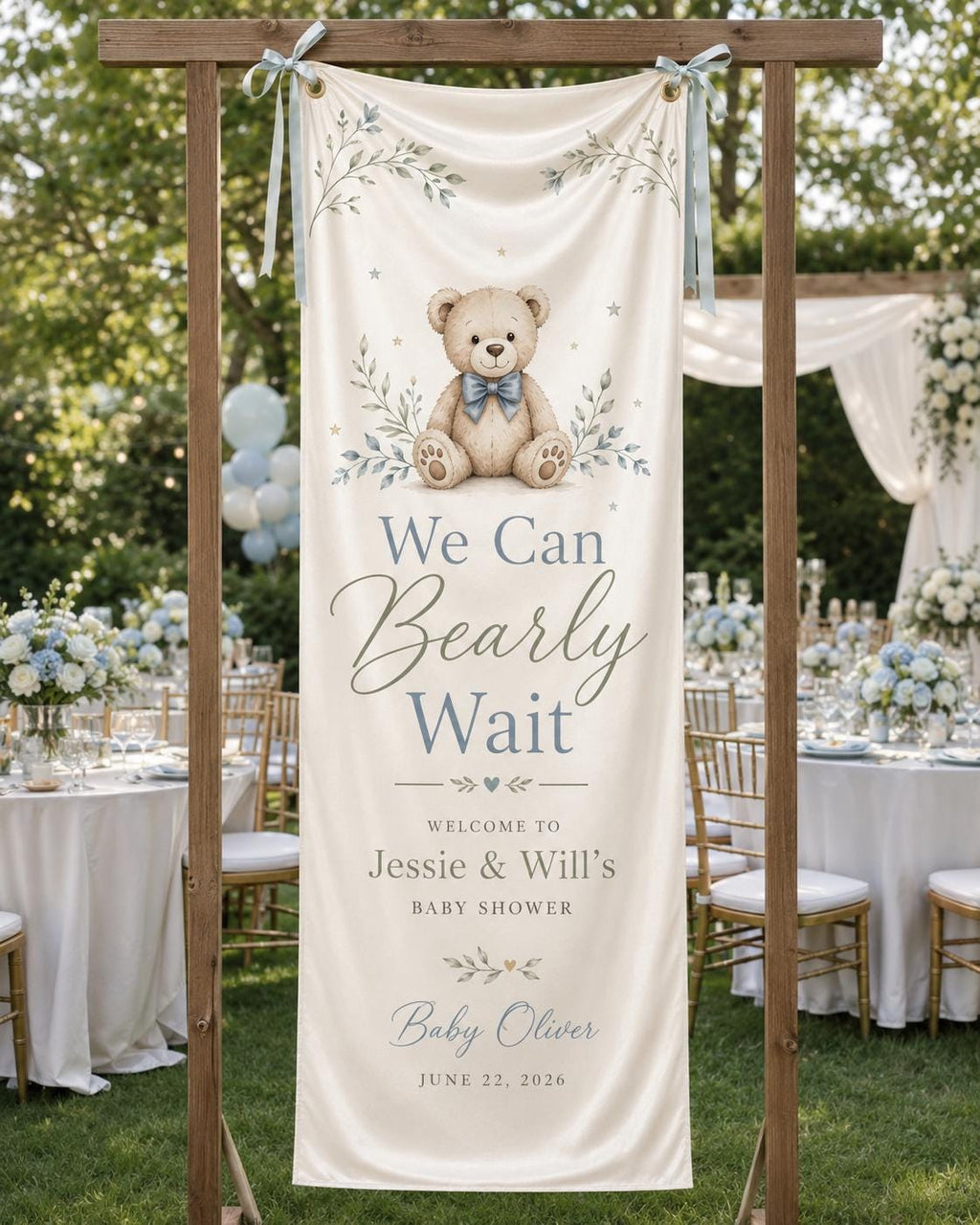 Teddy Bear Baby Shower Fabric Banner, Personalized Welcome Sign, Blue Backdrop - product image 1