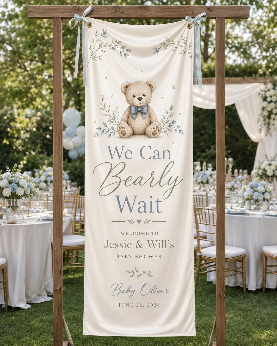 Teddy Bear Baby Shower Fabric Banner, Personalized Welcome Sign, Blue Backdrop - product image 1