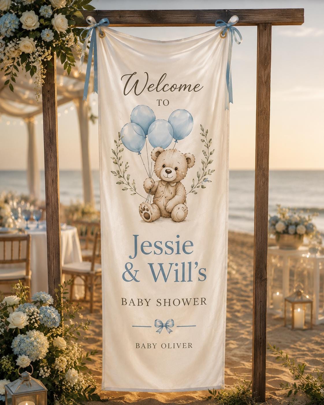 Teddy Bear Baby Shower Fabric Banner, Personalized Welcome Sign, Blue Backdrop - product image 4
