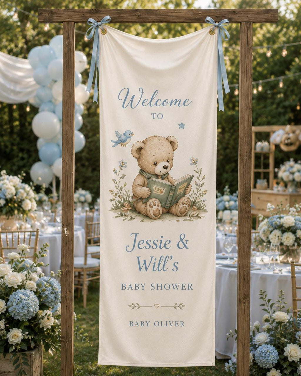 Teddy Bear Baby Shower Fabric Banner, Personalized Welcome Sign, Blue Backdrop - product image 6