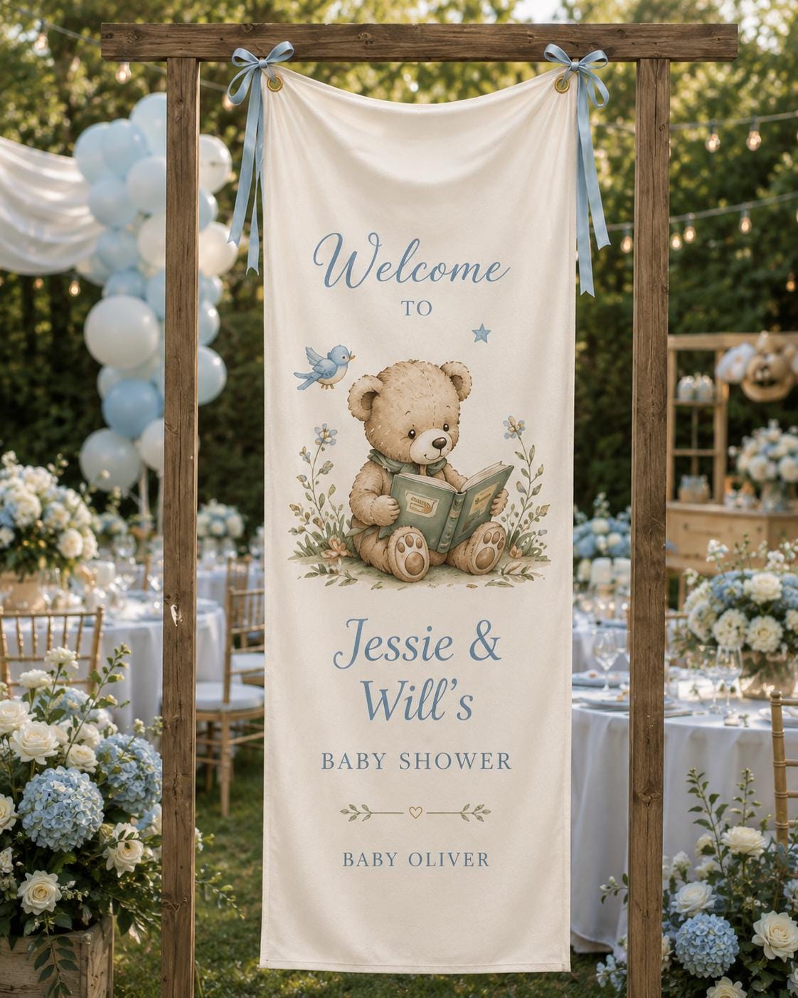 Teddy Bear Baby Shower Fabric Banner, Personalized Welcome Sign, Blue Backdrop - product image 6