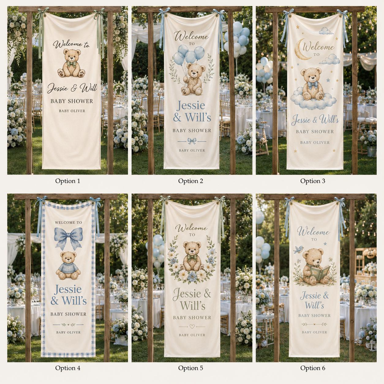 Teddy Bear Baby Shower Fabric Banner, Personalized Welcome Sign, Blue Backdrop - product image 2