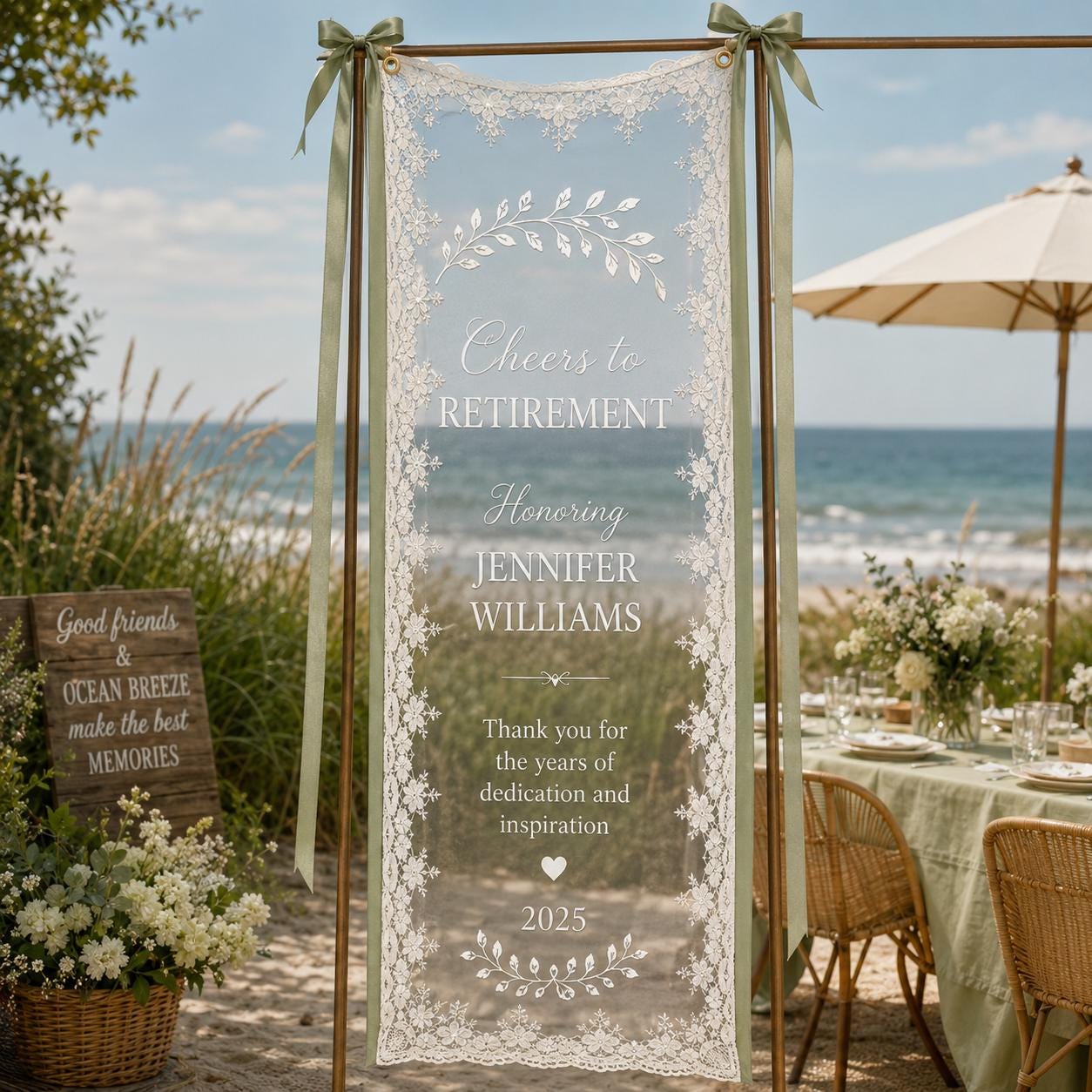 Retirement Garden Party Lace Banner, Personalized Sheer Retirement Sign, Custom Celebration Decor - product image 1