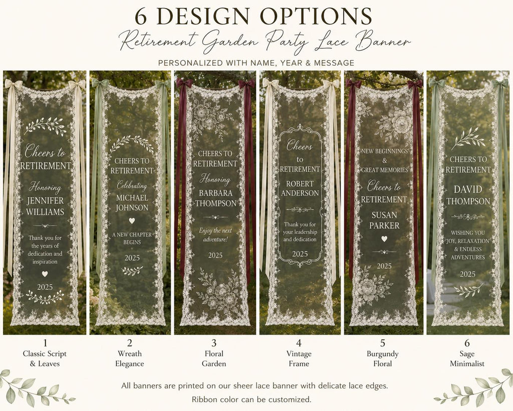 Retirement Garden Party Lace Banner, Personalized Sheer Retirement Sign, Custom Celebration Decor - product image 2