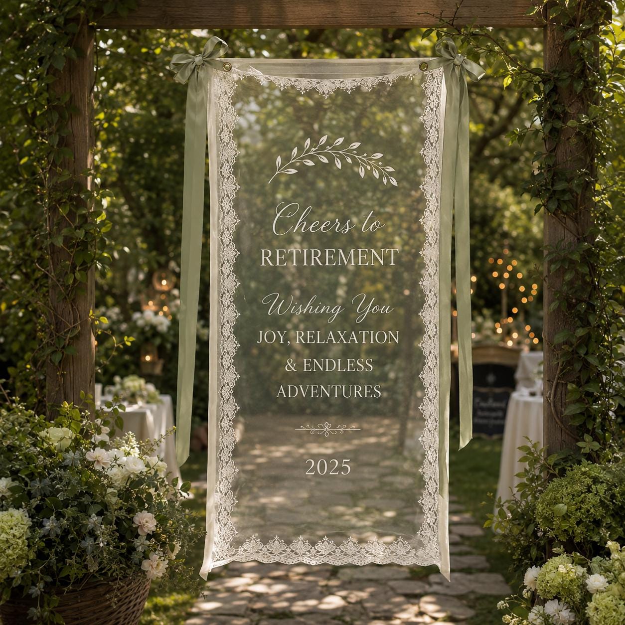Retirement Garden Party Lace Banner, Personalized Sheer Retirement Sign, Custom Celebration Decor - product image 7