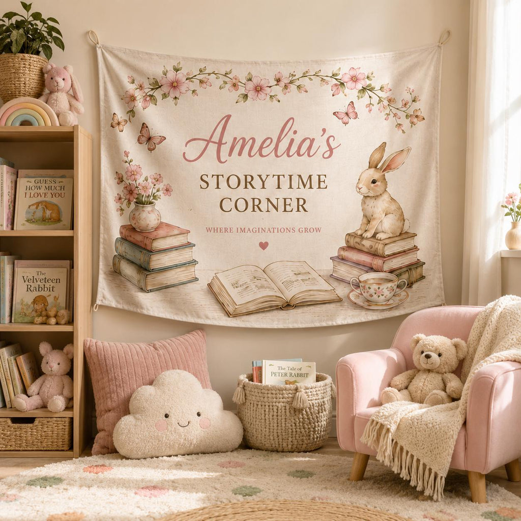 Personalized Reading Nook Linen Tapestry, Custom Book Lover Wall Hanging, Floral Library Room Decor - product image 10